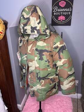 Polo Ralph Lauren Boys Camo Quilted Down Puffer Jacket Orange Lining Size M